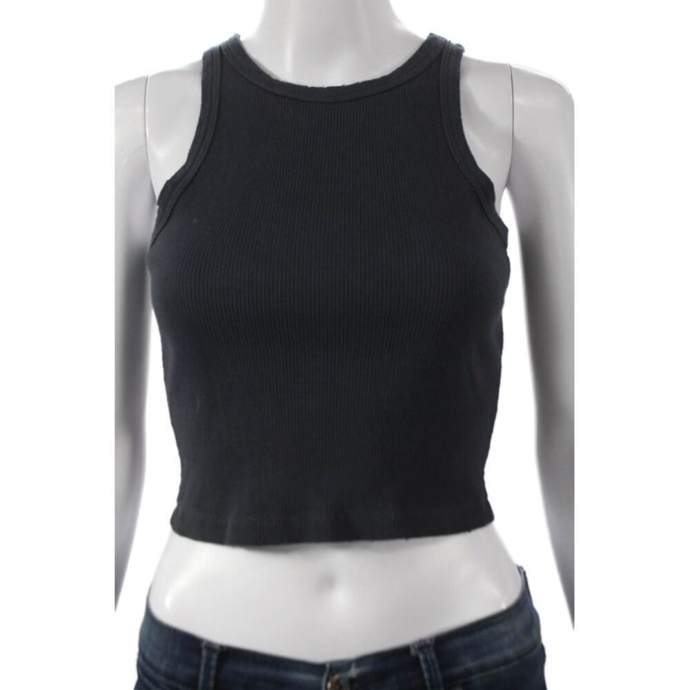 Amo Women Cropped Tank Black Cotton Blend Sleeveless Round Neck Size S